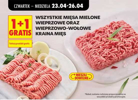 Wszystkie mięsa mielone wieprzowe i wieprzowo-wołowe 1+1 GRATIS promocja w Biedronka