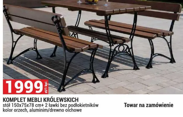 Komplet mebli królewskich stół 150x75x78cm + 2 ławki bez podkietników kolor orzech aluminium/drewno olchowe promocja w Merkury Market