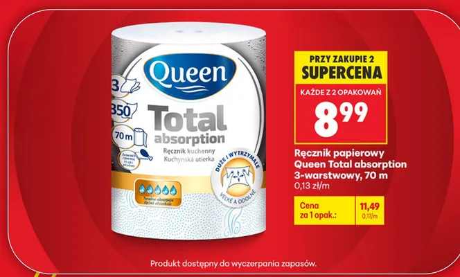 Ręcznik papierowy Queen Total absorption 3-warstwowy promocja w Biedronka