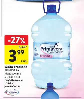 Woda źródlana Primavera niegazowana promocja w Intermarche