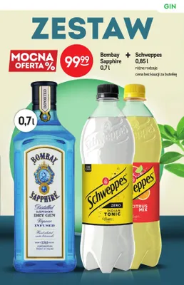 Zestaw gin Bombay Sapphire 0,7 l + napój gazowany Schweppes 0,85 l promocja w Żabka