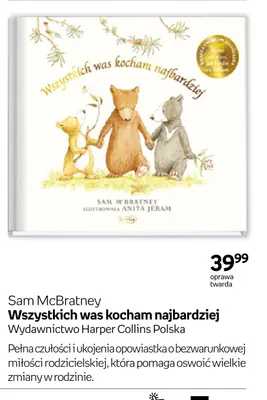 Książka Wszystkich was kocham najbardziej Sam McBratney Wydawnictwo Harper Collins Polska oprawa twarda promocja w Empik