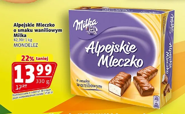 Alpejskie Mleczko o smaku waniliowym Milka promocja w Prim Market