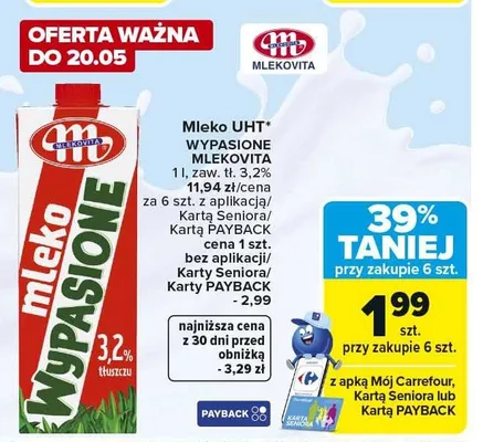 Mleko UHT Wypasione Mlekovita 3,2% promocja w Carrefour