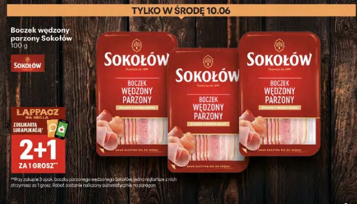 Boczek wędzony parzony Sokołów promocja w Delikatesy Centrum