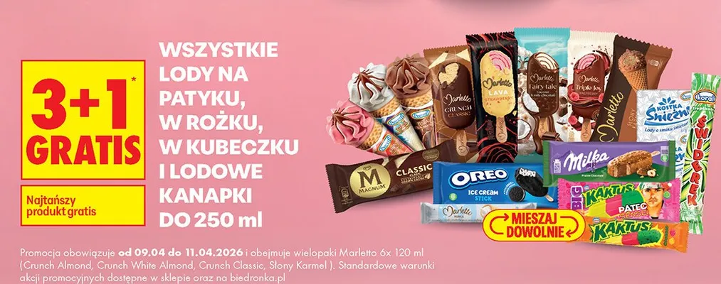 Wszystkie lody na patyku, w rożku, w kubeczku i lodowe kanapki do 250 ml 3+1 GRATIS promocja w Biedronka