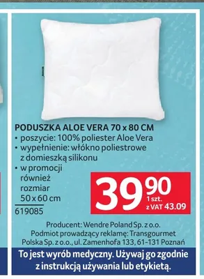 Poduszka Aloe Vera 70x80 cm promocja w Selgros