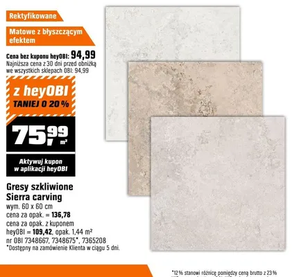 Gresy szkliwione Sierra carving wym. 60x60cm nr OBI 7348667 7348675 7365208 promocja w OBI