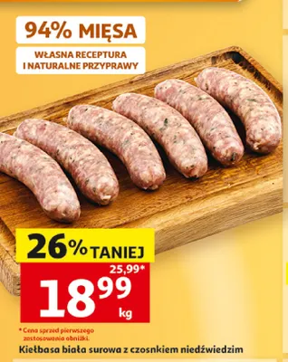 Kiełbasa biała surowa z czosnkiem niedźwiedzim promocja w Auchan