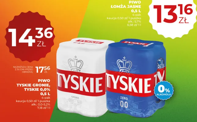 Piwo bezalkoholowe Tyskie Zero 0,0% 4-pak 500 ml promocja w Duży Ben