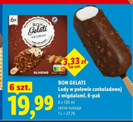 Lody w polewie czekoladowej z migdałami Bon Gelati 6-pak 120ml promocja w Lidl