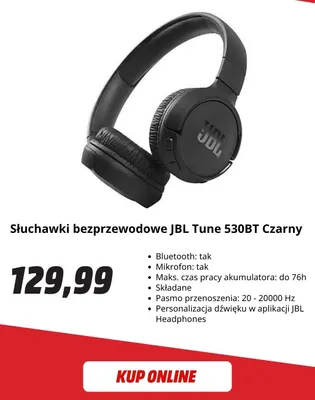 Słuchawki bezprzewodowe Jbl Tune 530BT czarny promocja w Media Markt