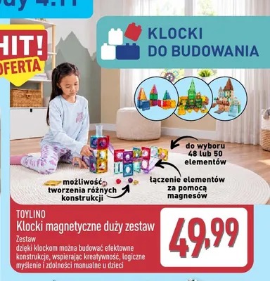 Klocki magnetyczne duży zestaw 50 elementów Toylino promocja w Aldi