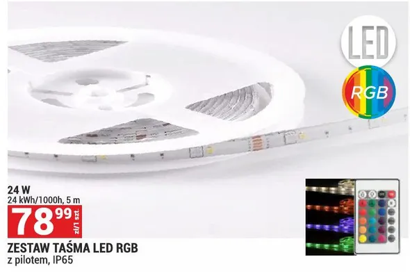 Zestaw taśma LED RGB 24 W, 24 kWh/1000h, 5 m z pilotem, IP65 promocja w Merkury Market