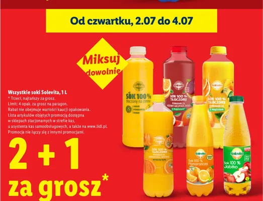 Sok 100% tłoczony pomarańcza mandarynka marakuja Solevita promocja w Lidl
