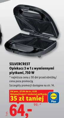 Opiekacz 3 w 1 z wymiennymi płytkami, 750 W promocja w Lidl