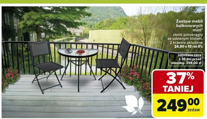 Zestaw mebli balkonowych mini stolik półokrągły ze szklanym blatem, 2 krzesła składane promocja w Carrefour