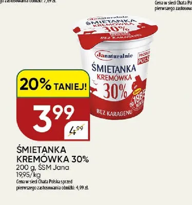 Śmietanka kremówka ŚSM Jana 30% promocja w Chata Polska