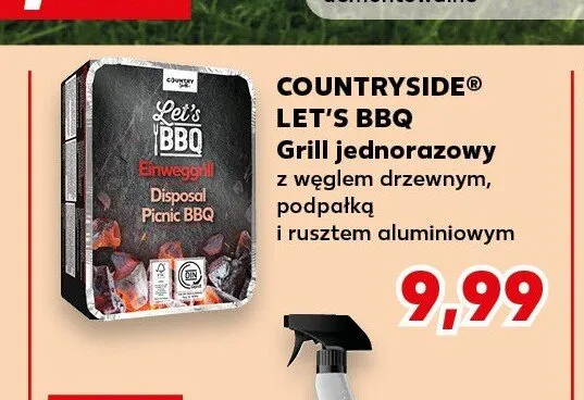 Grill jednorazowy COUNTRYSIDE LET'S BBQ z węglem drzewnym podpałką i rusztem aluminiowym promocja w Kaufland