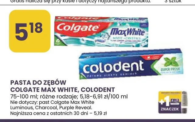 Pasta do zębów colgate max white, colodent różne rodzaje promocja w Stokrotka
