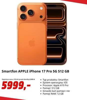 Smartfon Apple iPhone 17 Pro 5 g 512 Gb promocja w Media Markt