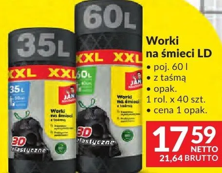 Worki na śmieci LD Jan Niezbędny poj. 60l z taśmą promocja w Makro