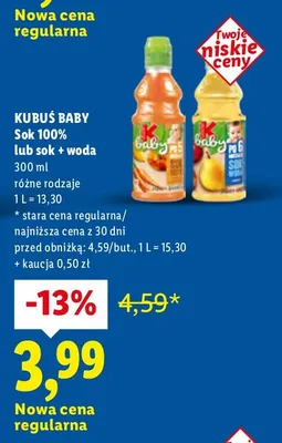 Sok 100% lub sok + woda różne rodzaje Kubuś Baby promocja w Lidl