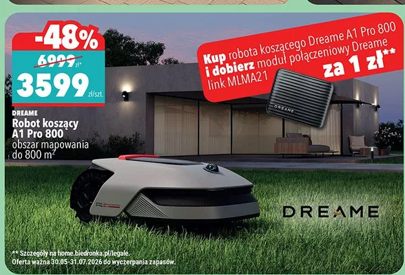Robot koszący DREAME A1 Pro 800 obszar mapowania do 800 m2 promocja w Biedronka