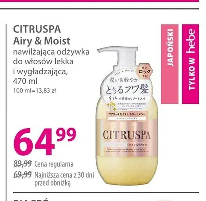 Nawilżająca odżywka do włosów lekka i wygładzająca CITRUSPA Airy & Moist promocja w Hebe