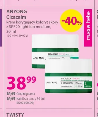 Krem korygujący koloryt skóry z SPF20 medium Cicacalm Anyong promocja w Hebe