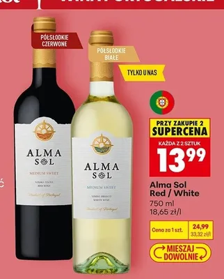 Wino półsłodkie białe Alma Sol White promocja w Biedronka