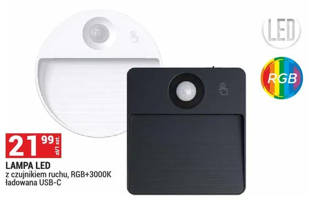 Lampa LED z czujnikiem ruchu RGB+3000K ładowana USB-C promocja w Merkury Market