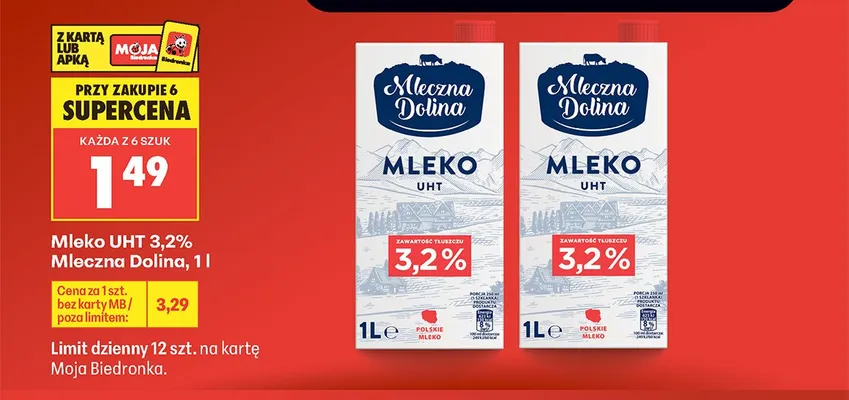 Mleko UHT 3,2% Mleczna Dolina promocja w Biedronka