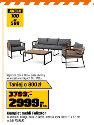 Komplet mebli Folkston aluminium akacja sofa 2 fotele stolik o wym. 110x70x42cm promocja w OBI
