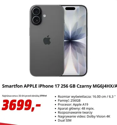 Smartfon APPLE iPhone 17 256GB Czarny promocja w Media Markt