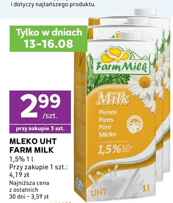 Mleko UHT Farm Milk 1,5% promocja w Stokrotka