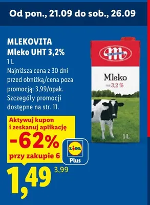 Mleko UHT Mlekovita 3,2% promocja w Lidl