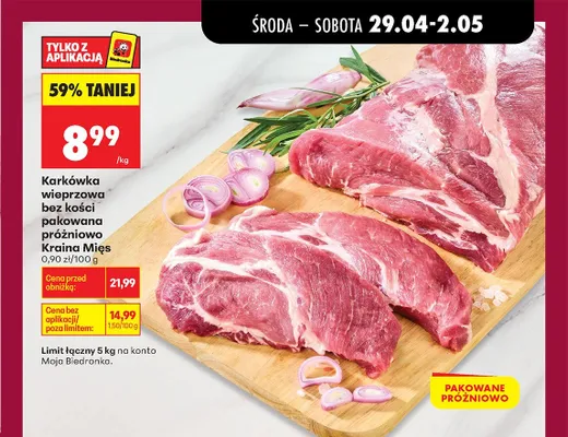 Karkówka wieprzowa bez kości pakowana próżniowo Kraina Mięs promocja w Biedronka