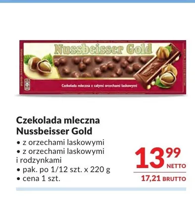 Czekolada mleczna z orzechami laskowymi i rodzynkami Nussbeisser Gold promocja w Makro