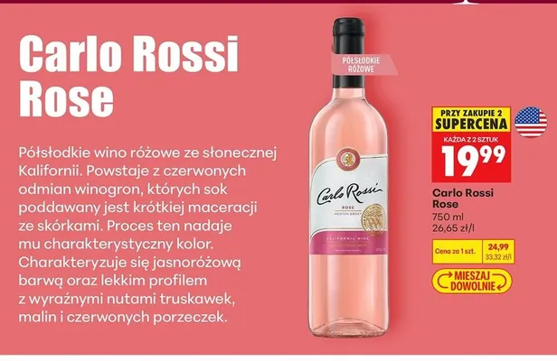 Wino półsłodkie różowe Carlo Rossi Rose promocja w Biedronka
