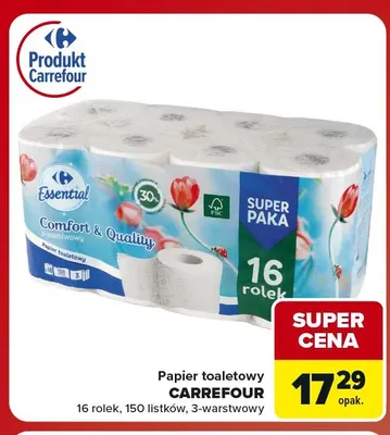 Papier toaletowy Carrefour 16-pak 150 listków 3-warstwowy promocja w Carrefour Market