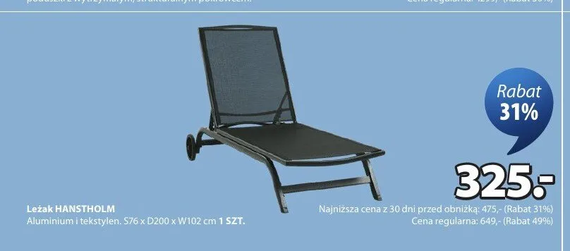 Leżak HANSTHOLM S76xD200xW102cm promocja w Jysk
