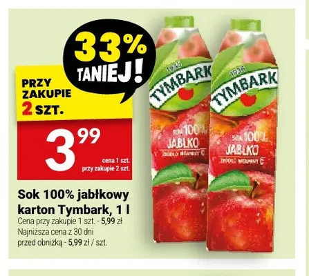 Sok jabłkowy karton Tymbark 100% promocja w Twój Market