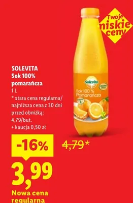 Sok pomarańcza Solevita 100% promocja w Lidl