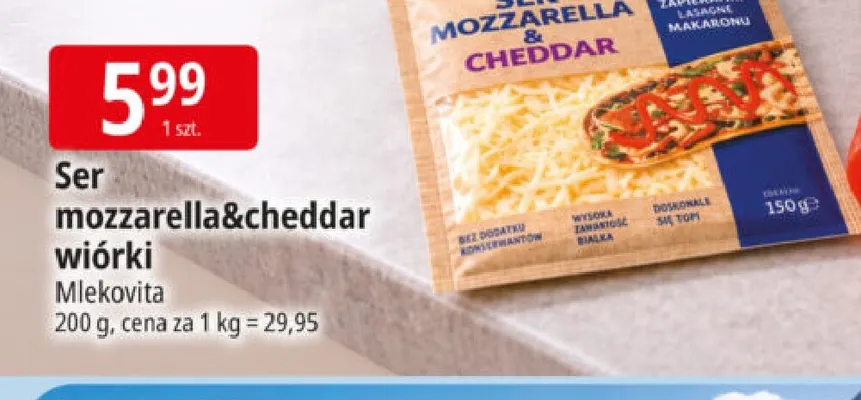 Ser mozzarella & cheddar wiórki Mlekovita promocja w Leclerc