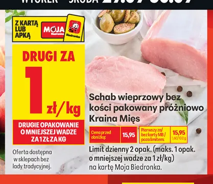 Schab wieprzowy bez kości pakowany próżniowo Kraina Mięs promocja w Biedronka