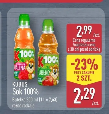 Sok Kubuś 100% malina promocja w Aldi