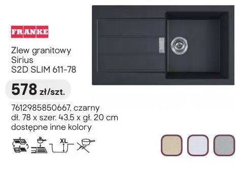 Zlew granitowy FRANKE Sirius S2D SLIM 611-78 czarny dł. 78 x szer. 43,5 x gł. 20cm promocja w Castorama
