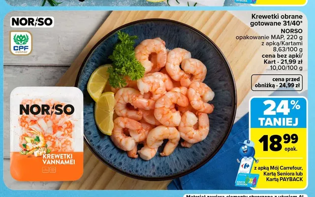 Krewetki obrane gotowane NORSO promocja w Carrefour