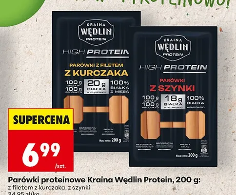 Parówki proteinowe Kraina Wędlin Protein z filetem z kurczaka promocja w Biedronka